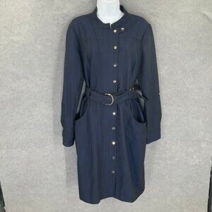 Calvin Klein Belted Dress Womens Sz 14  Navy Pinstripe Long Sleeve Gold Buttons